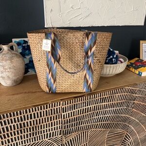 Elegant Woven Tote with Blue and Tan Straps